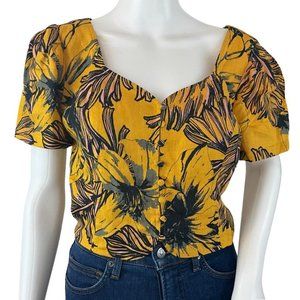 Guess Women's Top Blouse Floral Print Button Details Yellow Sz M